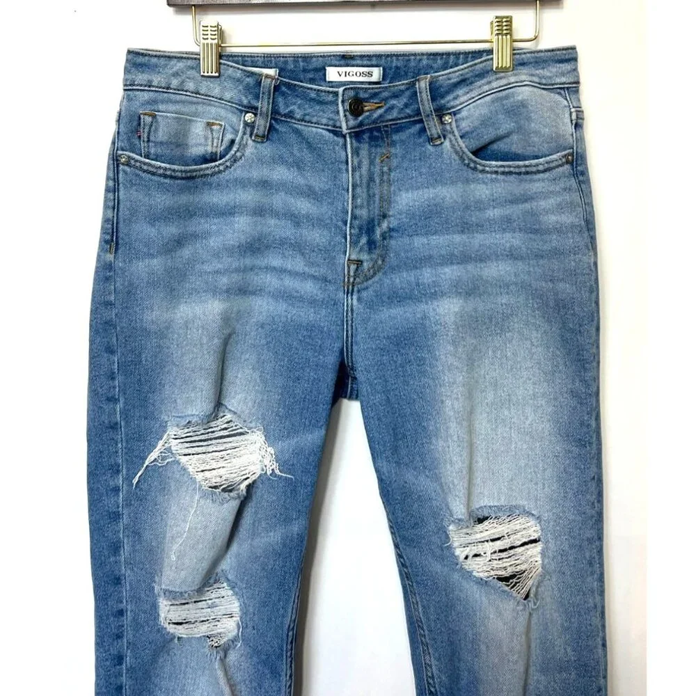Vigoss Frankie Slim Straight Denim Jeans Size 28 Distressed Ripped Blue